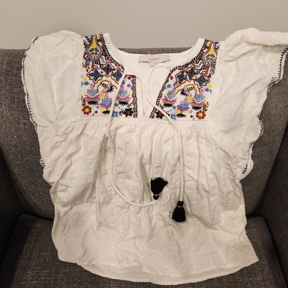LOFT White Blouse with Colorful Embroidery